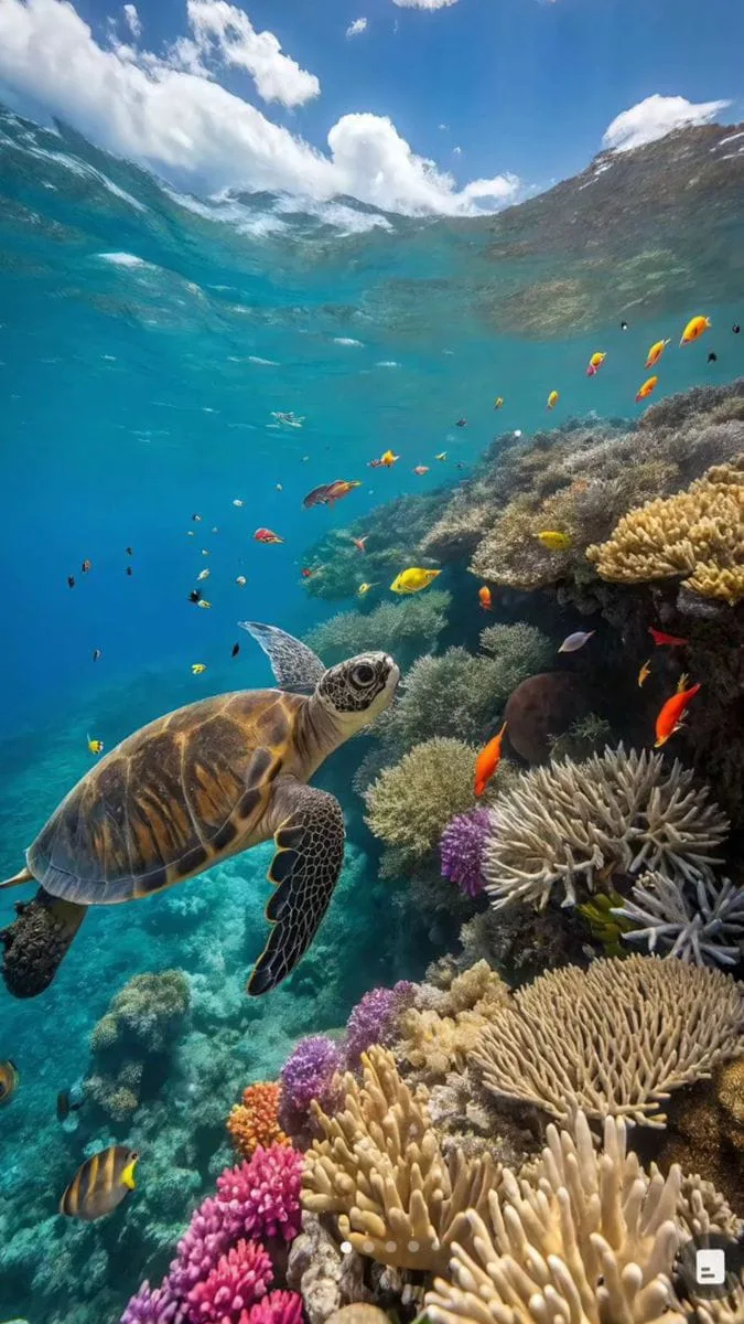 Sea turtle over a coral reef